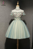 Kateprom Cute Off the Shoulder Tulle Homecoming Dress, Light Green Short Prom Dress with Flowers KPH0333