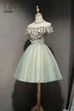 Kateprom Cute Off the Shoulder Tulle Homecoming Dress, Light Green Short Prom Dress with Flowers KPH0333