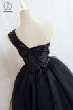 Kateprom Cute Black One Shoulder Short Prom Dress, Black Tulle Homecoming Dress with Belt KPH0337