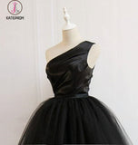 Kateprom Cute Black One Shoulder Short Prom Dress, Black Tulle Homecoming Dress with Belt KPH0337