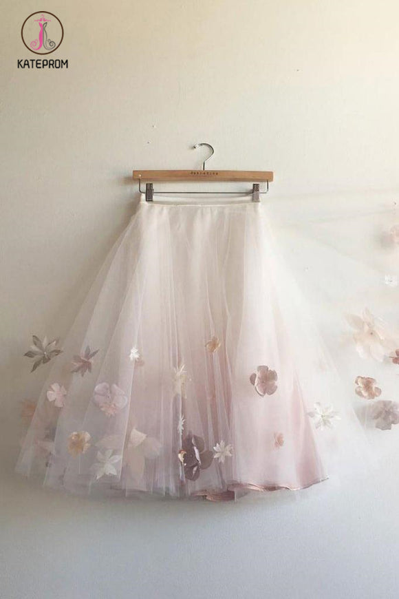 Kateprom Knee Length Tulle Skirt with Appliques, Cute A Line Tulle Skirt, Cheap Tulle Skirt KPH0338