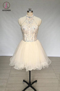 Kateprom A Line High Neck Tulle Beading Mini Homecoming Dress, Short Prom Dress with Beads KPH0344