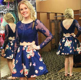 Kateprom Royal Blue Two Piece Bateau Long Sleeves Floral Short Homecoming Dress with Lace KPH0347