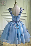 Kateprom A Line Sky Blue V Neck Sleeveless Junior Homecoming Dress with Butterfly Flowers KPH0352