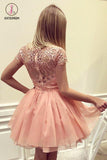 Kateprom Peach Cap Sleeves Short Chiffon Homecoming Dress with Appliques, A Line Short Prom Dress KPH0353