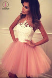 Kateprom Cheap A Line Sheer Neckline Tulle Short Prom Dress with Appliques, Cute Homecoming Dress KPH0354