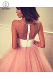 Kateprom Cheap A Line Sheer Neckline Tulle Short Prom Dress with Appliques, Cute Homecoming Dress KPH0354