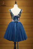 Kateprom Cheap Dark Blue V Neck Tulle Short Homecoming Dress with Appliques KPH0356