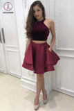 Kateprom Dark Red Two Piece Satin Mini Homecoming Dress, Simple Sleeveless Party Dresses KPH0366