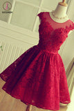 Kateprom Burgundy A Line Lace Homecoming Dress, Cheap Sleeveless Lace Graduation Dresses KPH0411