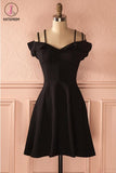 Kateprom Simple Strap Black Short Satin Graduation Dresses, A Line Ruched Homecoming Dress KPH0412