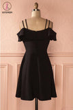 Kateprom Simple Strap Black Short Satin Graduation Dresses, A Line Ruched Homecoming Dress KPH0412