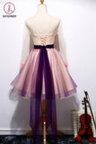 Kateprom A Line Long Sleeves Tulle Short Homecoming Dresses with Appliques and Flowers KPH0416