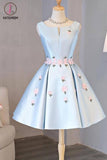 Kateprom Cheap Light Blue Sleeveless Satin Short Prom Dress with Appliques, Homecoming Dress KPH0418