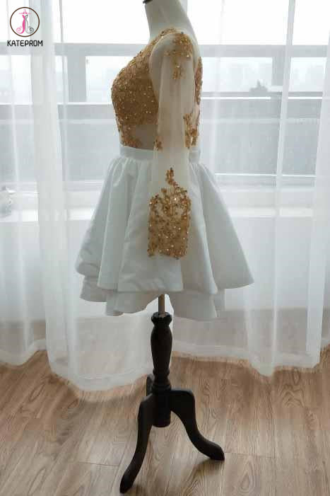 Kateprom White Long Sleeve Homecoming Dress with Gold Lace Appliques, –  kateprom