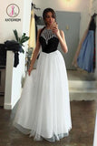 Kateprom White Tulle Halter Long Prom Dress A Line Sleeveless Long Party Dress with Beading KPP0865