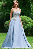 Kateprom Light Blue Strapless Long Prom Dress with Appliques, A Line Cheap Formal Dress with Beads KPP0866