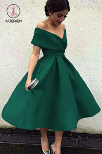 Kateprom Green Off the Shoulder Tea Length Satin Homecoming Dress, Cute Senior Prom Dress KPP0869