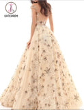 Kateprom A Line Cap Sleeve Long Lace Prom Dresses With Gold Stars, Sheer Neck Prom Gown KPP0870