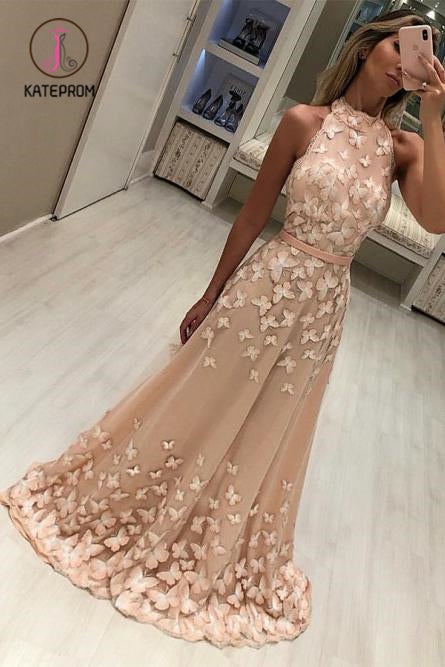 Kateprom Modest High Neck Sleeveless Sweep Train Prom Evening Dresses with Appliques KPP0881