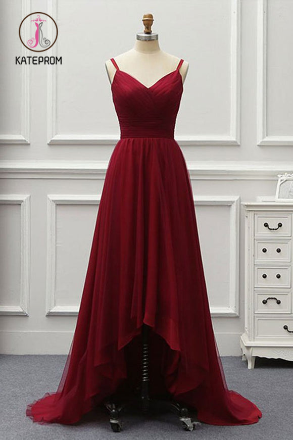 Kateprom A Line High Low Tulle Prom Dress with Train, Burgundy V Neck Backless Formal Dress KPP0887