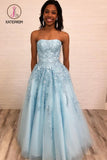 Kateprom Light Blue Strapless Long Prom Dress with Lace Appliques, New Style Graduation Dress KPP0888