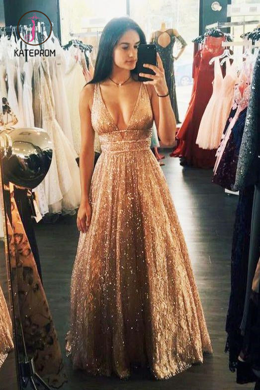 Kateprom Sparkly Deep V Neck Sleeveless Floor Length Prom Dress, A Line Long Formal Dresses KPP0892