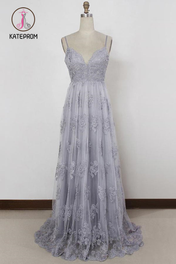 Kateprom Spaghetti Straps Long Lace Prom Gown, A Line V Neck Sleeveless Formal Dresses KPP0894