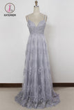 Kateprom Spaghetti Straps Long Lace Prom Gown, A Line V Neck Sleeveless Formal Dresses KPP0894