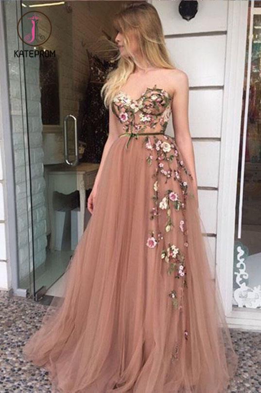 Kateprom A-Line Sweetheart Floor Length Prom Dress with Appliques, Cheap Tulle Formal Dress KPP0895