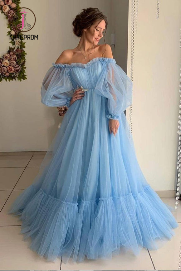 Kateprom A Line Long Sleeve Off the Shoulder Long Prom Dress, Blue Tulle Floor Length Formal Dress KPP0896