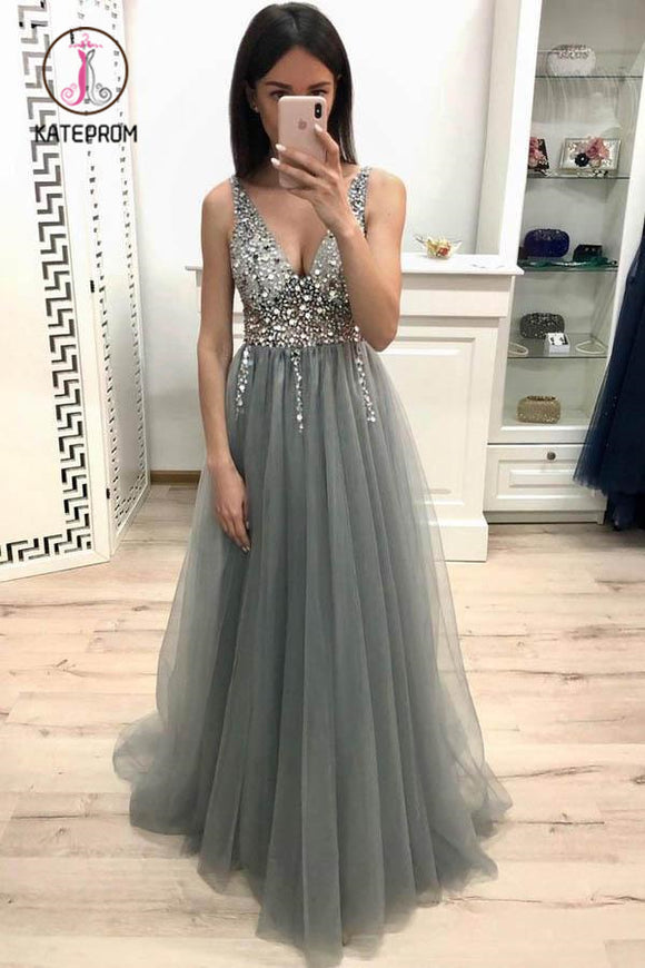 Kateprom A Line V Neck Sleeveless Tulle Prom Dress with Sequins and Beading, Sparkly Formal Dress KPP0897