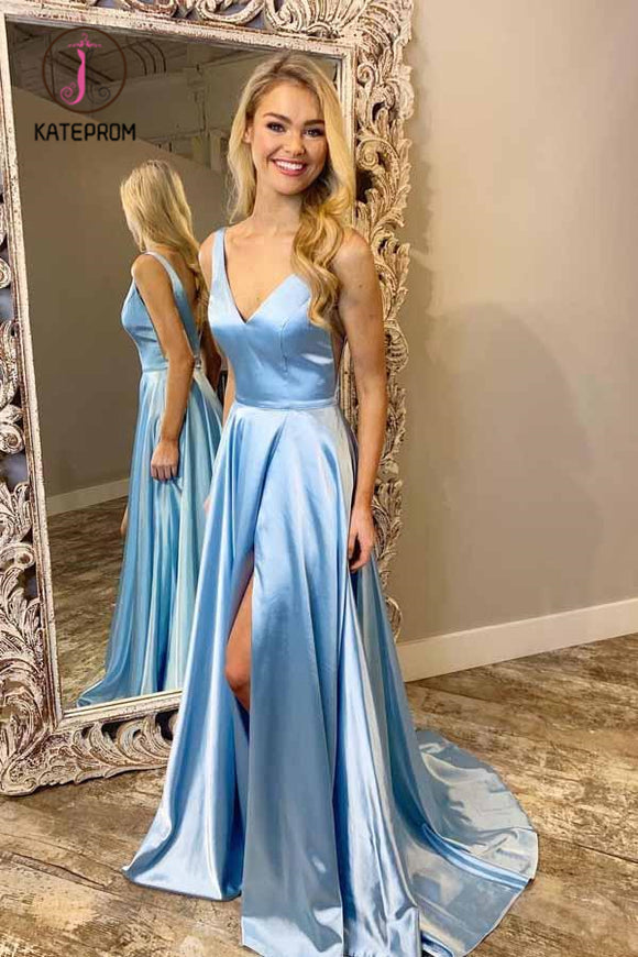 Kateprom Light Blue V Neck Simple Prom Gown, A Line Sleeveless Formal Dress with Train KPP0901