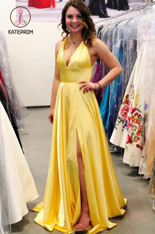 Kateprom Yellow Deep V Neck Sleeveless Split Sweep Train Prom Dress, Long Formal Dress with Slit KPP0903