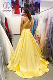 Kateprom Yellow Deep V Neck Sleeveless Split Sweep Train Prom Dress, Long Formal Dress with Slit KPP0903