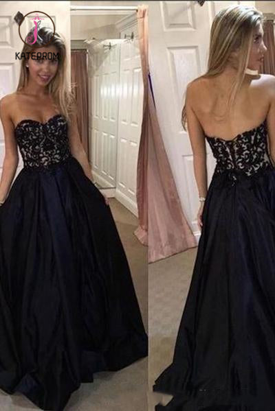 Kateprom Black Sweetheart Prom Dress with Lace, A Line Strapless Long Graduation Dress KPP0914