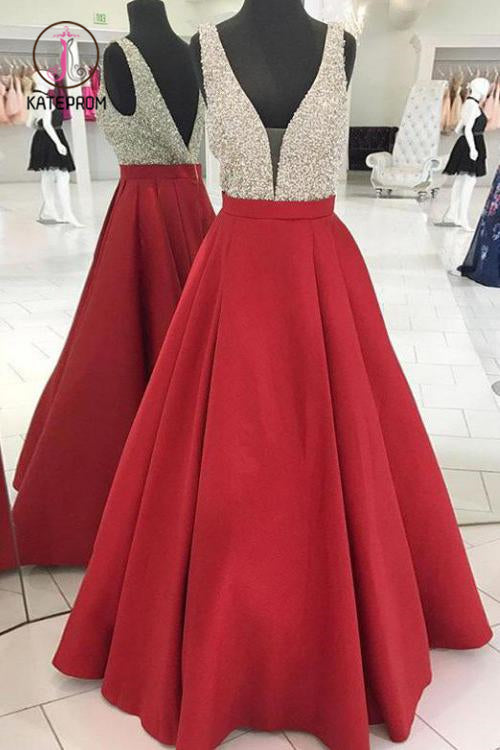 Kateprom Red V Neck Sleeveless Beading Prom Dress, A Line Satin Sparkly Long Party Dresses KPP0915