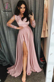 Kateprom Simple V Neck Long Prom Dress with Long Sleeves, Pink Split Evening Dress with Lace KPP0916