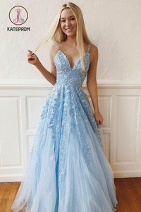 Kateprom Light Sky Blue Straps V Neck Prom Dress with Lace, Backless Long Formal Dresses KPP0919