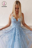 Kateprom Light Sky Blue Straps V Neck Prom Dress with Lace, Backless Long Formal Dresses KPP0919