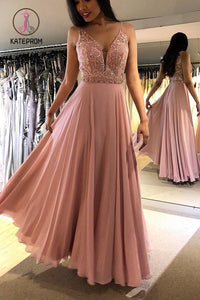 Kateprom Blush V Neck Sleeveless Floor Length Prom Dresses, Sparkly Chiffon Long Formal Dress KPP0922