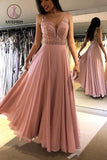 Kateprom Blush V Neck Sleeveless Floor Length Prom Dresses, Sparkly Chiffon Long Formal Dress KPP0922