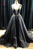 Kateprom Black Tulle Deep V Neck Long Beaded Prom Dress with Appliques, Puffy Formal Dress KPP0923