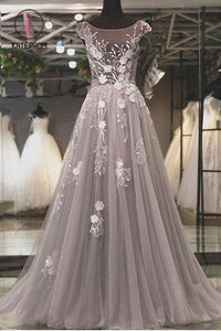 Kateprom Puffy Cap Sleeves Tulle Prom Dress with Lace Appliques, A Line Long Formal Dresses KPP0924