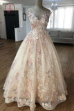 Kateprom Puffy Sheer Neck Floor Length Party Dress with Flowers, Long Prom Gown with Appliques KPP0925