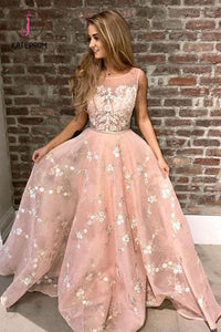 Kateprom Pink Sleeveless Lace Prom Dress with Appliques, Puffy Long Graduation Dresses KPP0926