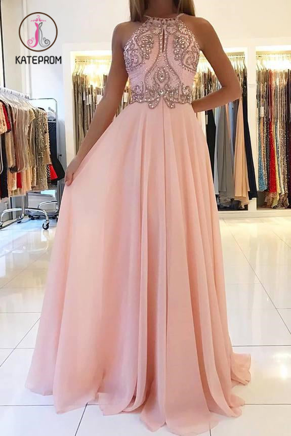 Kateprom Blush Pink Chiffon Prom Dress with Beading Rhinstone, Flowy Backless Graduation Dress KPP0928