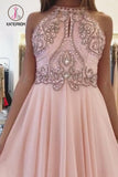 Kateprom Blush Pink Chiffon Prom Dress with Beading Rhinstone, Flowy Backless Graduation Dress KPP0928