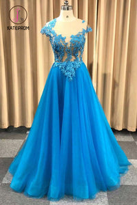 Kateprom Blue Sheer Neck Appliqued Tulle Prom Gowns, A Line Cap Sleeves Long Grduation Dresses KPP0931