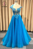 Kateprom Blue Sheer Neck Appliqued Tulle Prom Gowns, A Line Cap Sleeves Long Grduation Dresses KPP0931